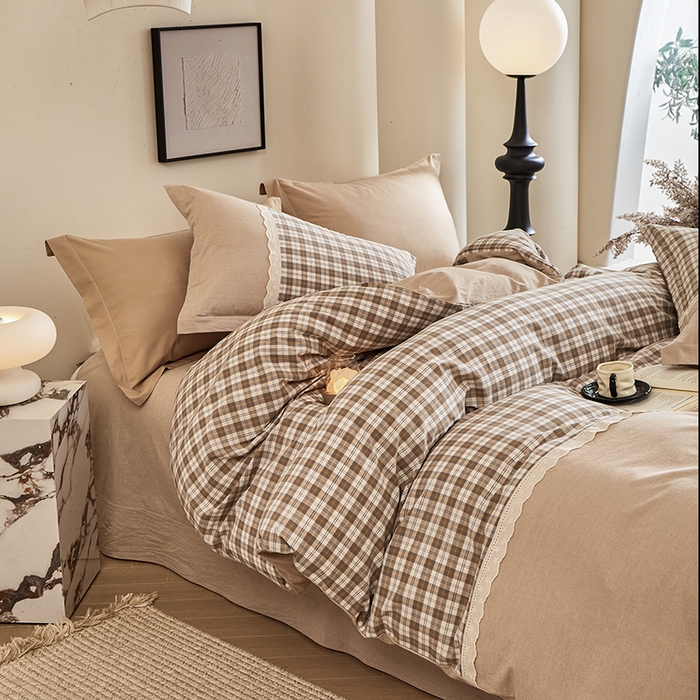 91家纺网 家纺一手货源 找家纺 喜四方 2026新款100%全棉纯棉色织水洗棉花边工艺款四件套-系列一 格恩