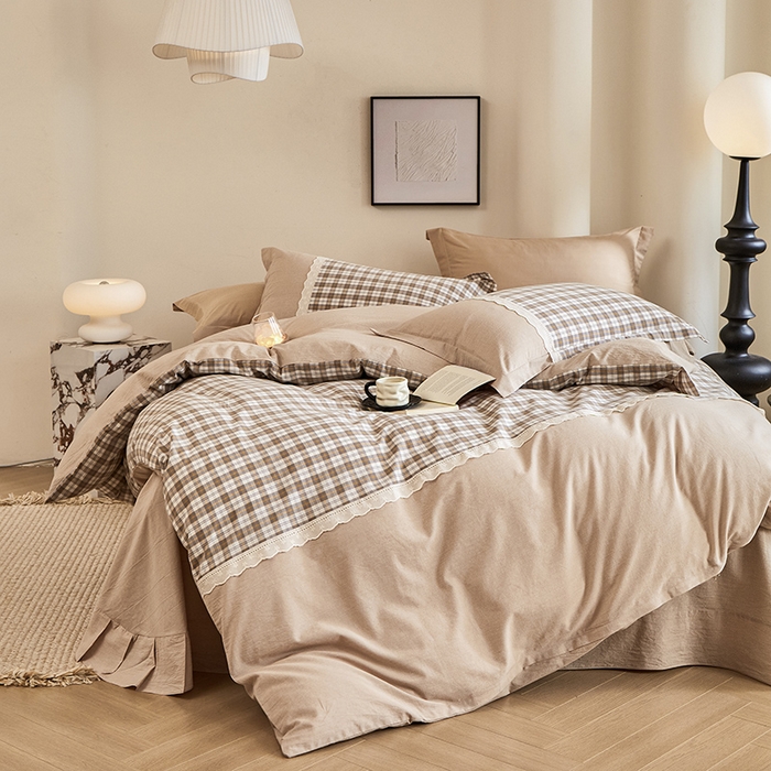 91家纺网 家纺一手货源 找家纺 喜四方 2026新款100%全棉纯棉色织水洗棉花边工艺款四件套-系列一 格恩