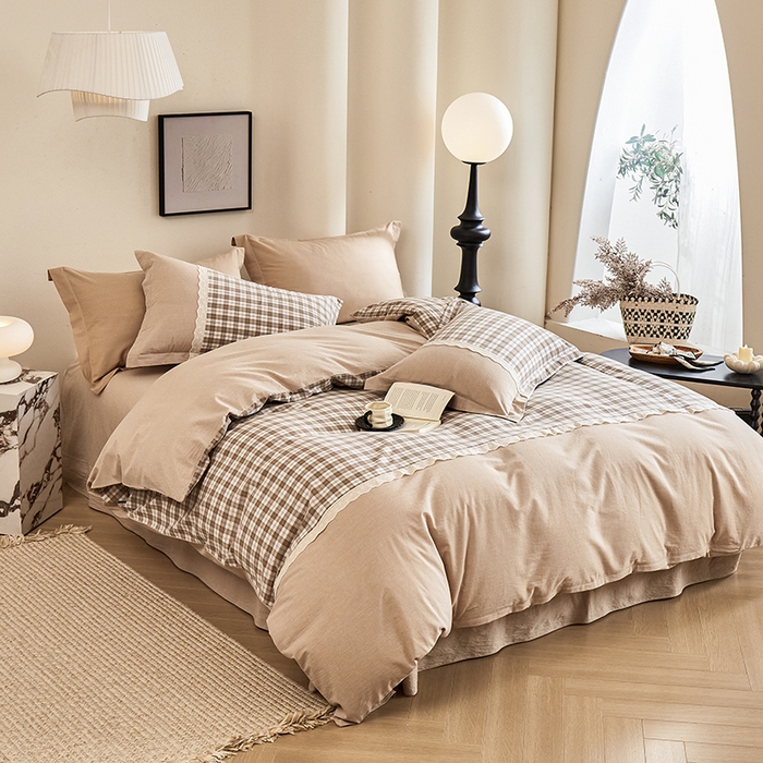 91家纺网 家纺一手货源 找家纺 喜四方 2026新款100%全棉纯棉色织水洗棉花边工艺款四件套-系列一 格恩