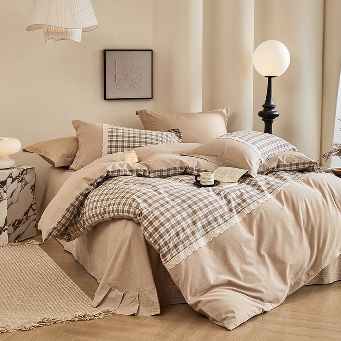 91家纺网 家纺一手货源 找家纺 喜四方 2026新款100%全棉纯棉色织水洗棉花边工艺款四件套-系列一 格恩