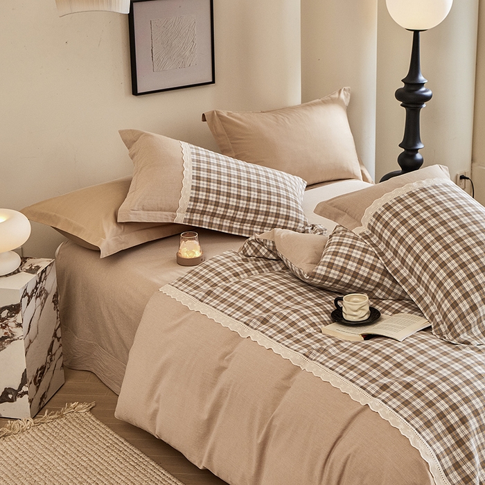 91家纺网 家纺一手货源 找家纺 喜四方 2026新款100%全棉纯棉色织水洗棉花边工艺款四件套-系列一 格恩