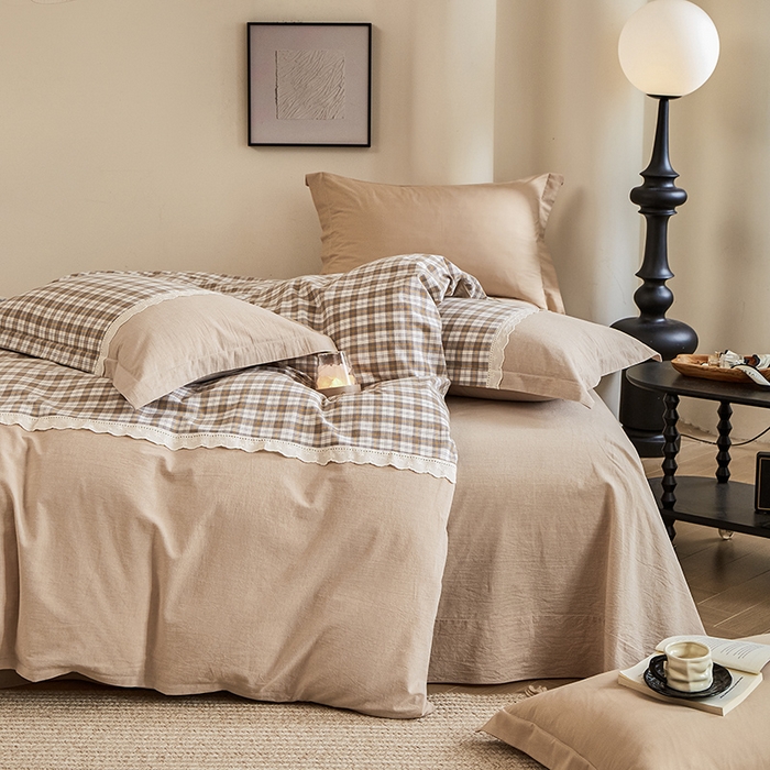 91家纺网 家纺一手货源 找家纺 喜四方 2026新款100%全棉纯棉色织水洗棉花边工艺款四件套-系列一 格恩