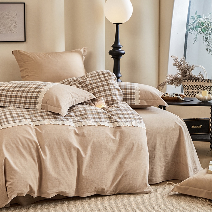 91家纺网 家纺一手货源 找家纺 喜四方 2026新款100%全棉纯棉色织水洗棉花边工艺款四件套-系列一 格恩