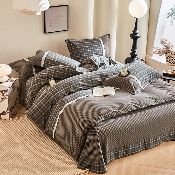 91家纺网 家纺一手货源 找家纺 喜四方 2026新款100%全棉纯棉色织水洗棉花边工艺款四件套-系列一 洛克