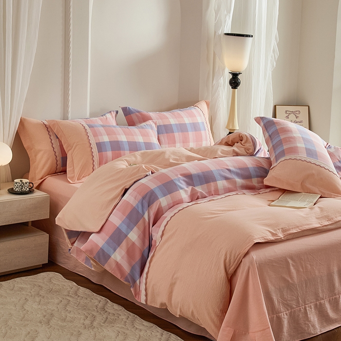 91家纺网 家纺一手货源 找家纺 喜四方 2026新款100%全棉纯棉色织水洗棉花边工艺款四件套-系列一 蜜糖-紫