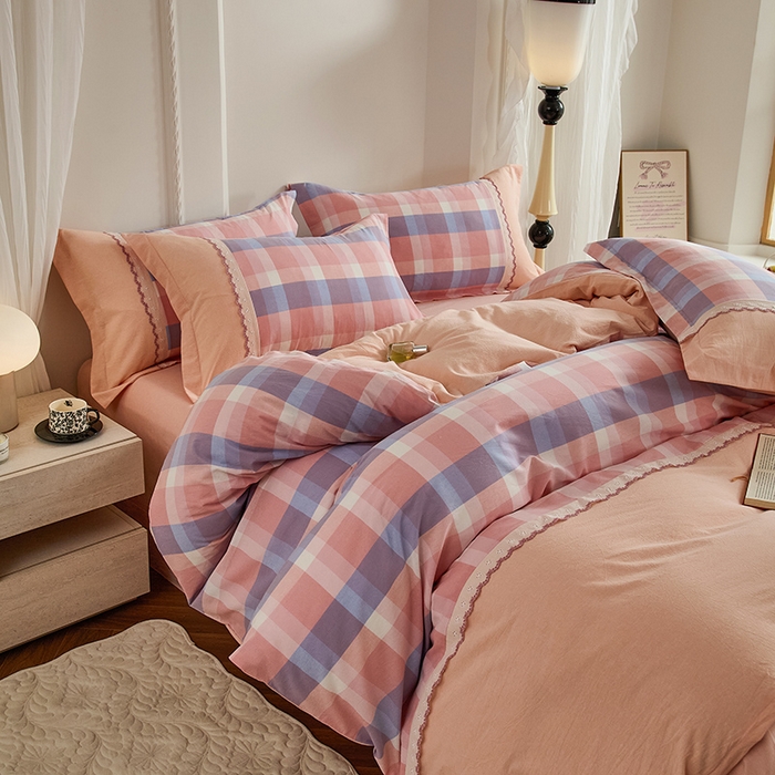 91家纺网 家纺一手货源 找家纺 喜四方 2026新款100%全棉纯棉色织水洗棉花边工艺款四件套-系列一 蜜糖-紫