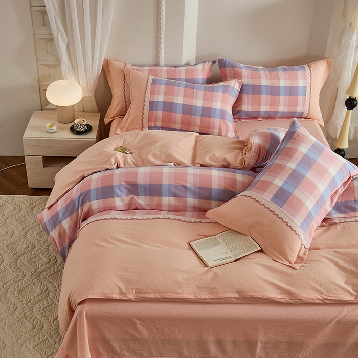 91家纺网 家纺一手货源 找家纺 喜四方 2026新款100%全棉纯棉色织水洗棉花边工艺款四件套-系列一 蜜糖-紫