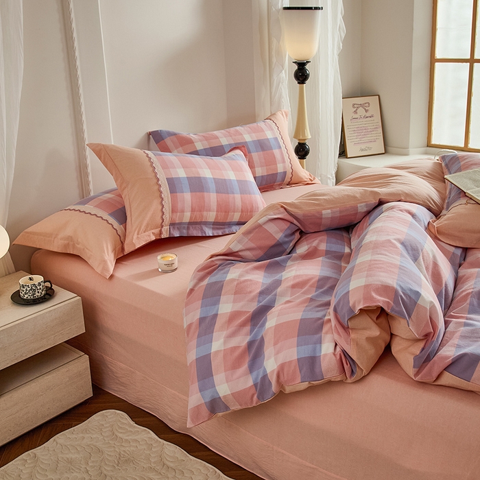 91家纺网 家纺一手货源 找家纺 喜四方 2026新款100%全棉纯棉色织水洗棉花边工艺款四件套-系列一 蜜糖-紫