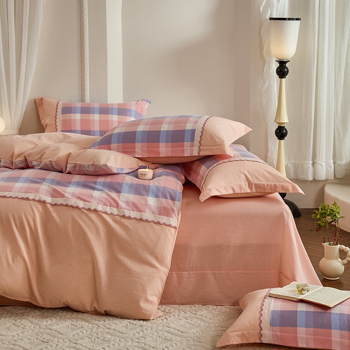 91家纺网 家纺一手货源 找家纺 喜四方 2026新款100%全棉纯棉色织水洗棉花边工艺款四件套-系列一 蜜糖-紫