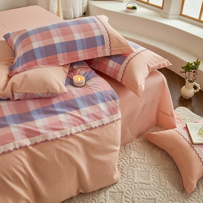 91家纺网 家纺一手货源 找家纺 喜四方 2026新款100%全棉纯棉色织水洗棉花边工艺款四件套-系列一 蜜糖-紫