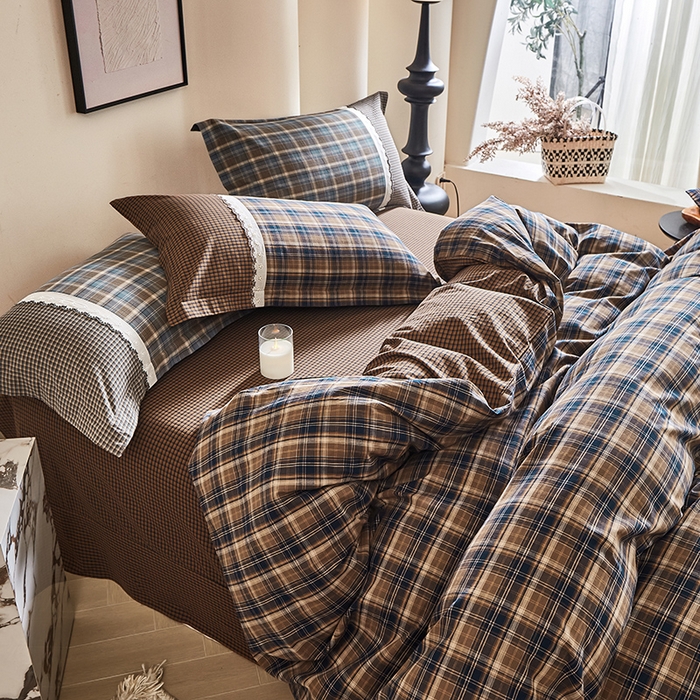 91家纺网 家纺一手货源 找家纺 喜四方 2026新款100%全棉纯棉色织水洗棉花边工艺款四件套-系列一 墨尔本-咖