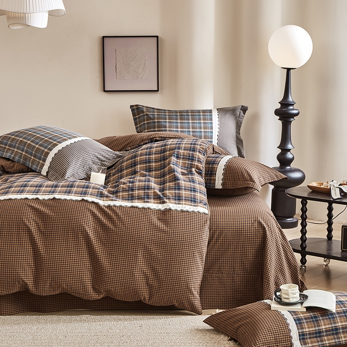 91家纺网 家纺一手货源 找家纺 喜四方 2026新款100%全棉纯棉色织水洗棉花边工艺款四件套-系列一 墨尔本-咖