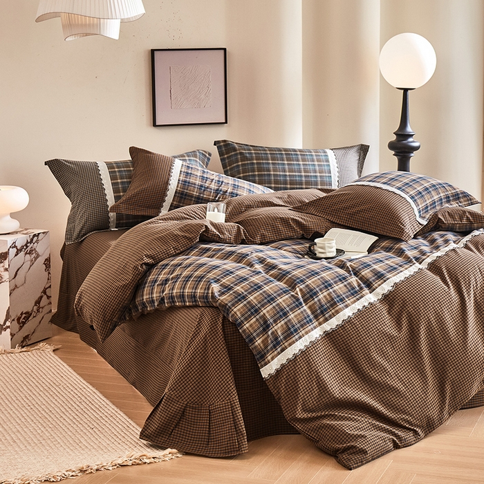 91家纺网 家纺一手货源 找家纺 喜四方 2026新款100%全棉纯棉色织水洗棉花边工艺款四件套-系列一 墨尔本-咖