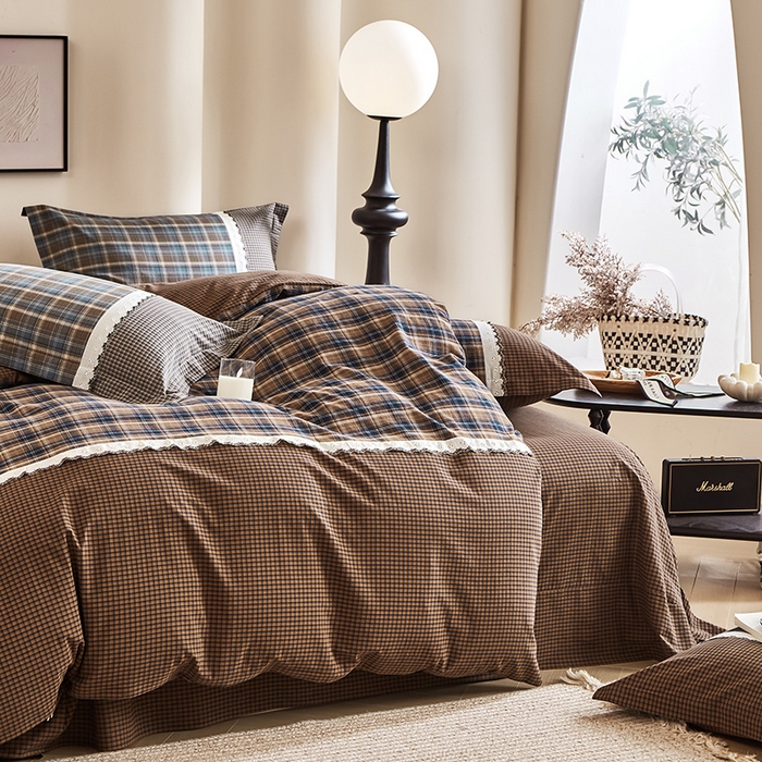 91家纺网 家纺一手货源 找家纺 喜四方 2026新款100%全棉纯棉色织水洗棉花边工艺款四件套-系列一 墨尔本-咖