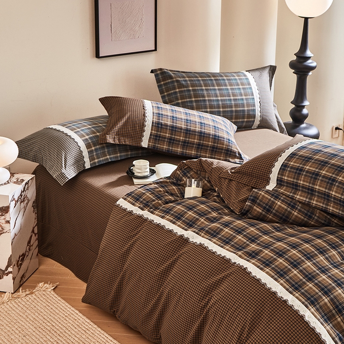 91家纺网 家纺一手货源 找家纺 喜四方 2026新款100%全棉纯棉色织水洗棉花边工艺款四件套-系列一 墨尔本-咖