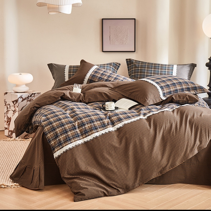 91家纺网 家纺一手货源 找家纺 喜四方 2026新款100%全棉纯棉色织水洗棉花边工艺款四件套-系列一 墨尔本-咖