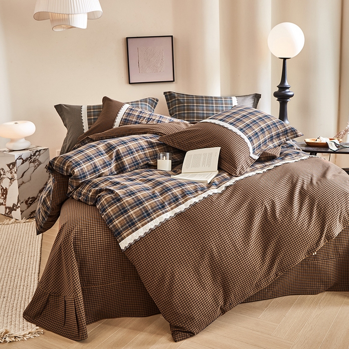 91家纺网 家纺一手货源 找家纺 喜四方 2026新款100%全棉纯棉色织水洗棉花边工艺款四件套-系列一 墨尔本-咖