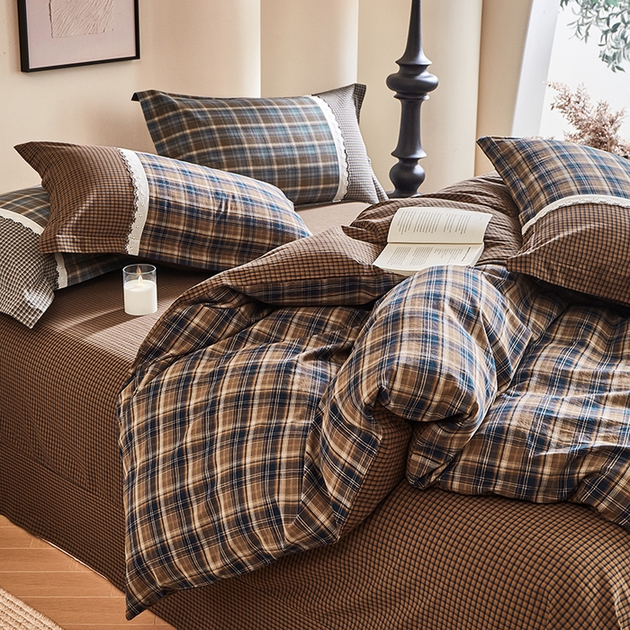 91家纺网 家纺一手货源 找家纺 喜四方 2026新款100%全棉纯棉色织水洗棉花边工艺款四件套-系列一 墨尔本-咖