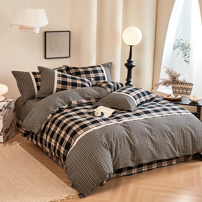 91家纺网 家纺一手货源 找家纺 喜四方 2026新款100%全棉纯棉色织水洗棉花边工艺款四件套-系列一 墨尔本-兰