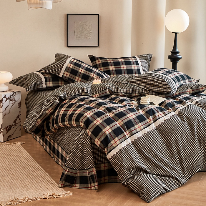 91家纺网 家纺一手货源 找家纺 喜四方 2026新款100%全棉纯棉色织水洗棉花边工艺款四件套-系列一 墨尔本-兰