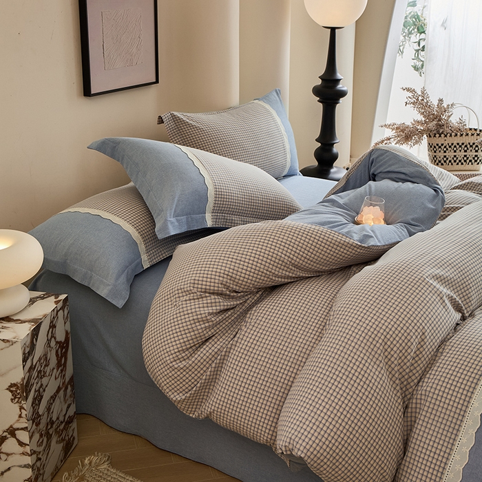 91家纺网 家纺一手货源 找家纺 喜四方 2026新款100%全棉纯棉色织水洗棉花边工艺款四件套-系列一 宁静-兰