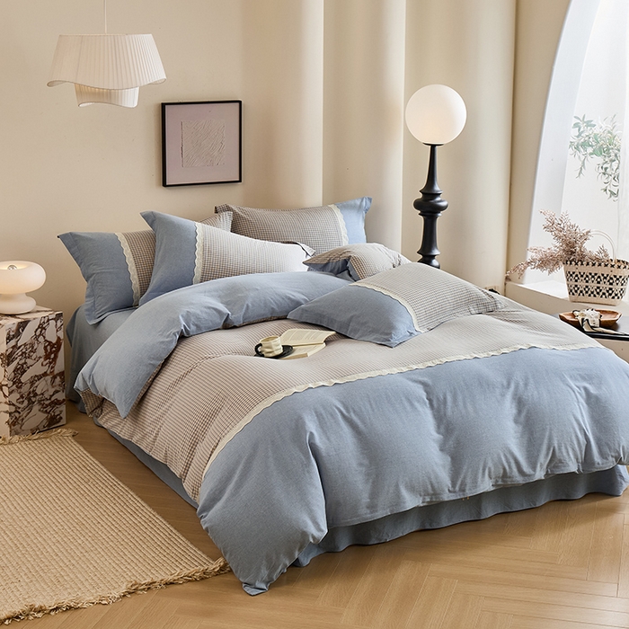 91家纺网 家纺一手货源 找家纺 喜四方 2026新款100%全棉纯棉色织水洗棉花边工艺款四件套-系列一 宁静-兰