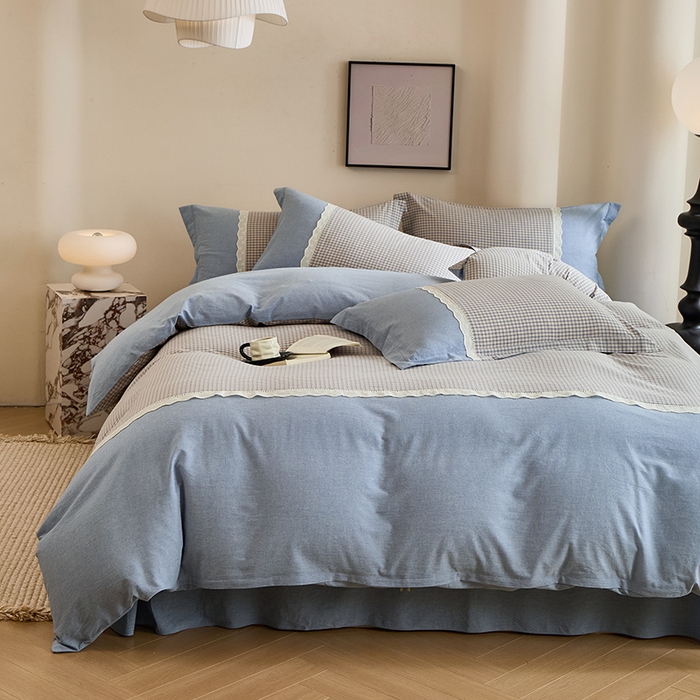 91家纺网 家纺一手货源 找家纺 喜四方 2026新款100%全棉纯棉色织水洗棉花边工艺款四件套-系列一 宁静-兰