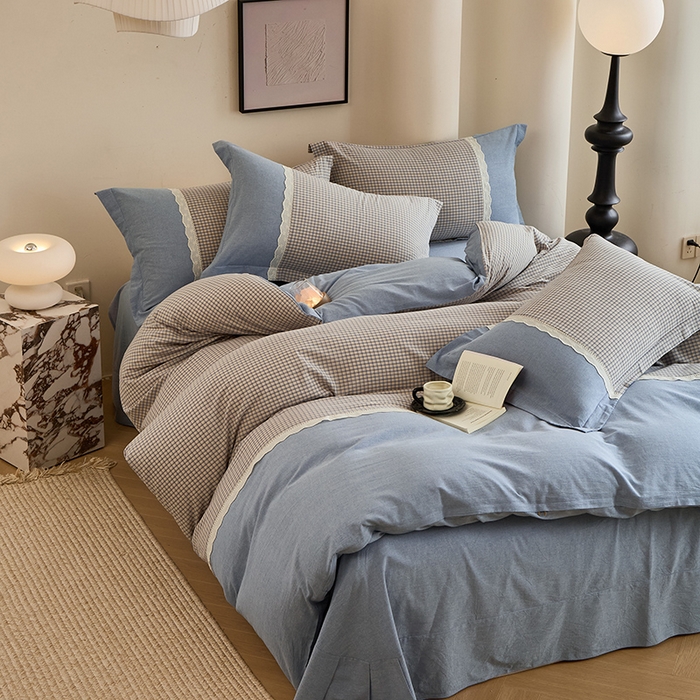 91家纺网 家纺一手货源 找家纺 喜四方 2026新款100%全棉纯棉色织水洗棉花边工艺款四件套-系列一 宁静-兰