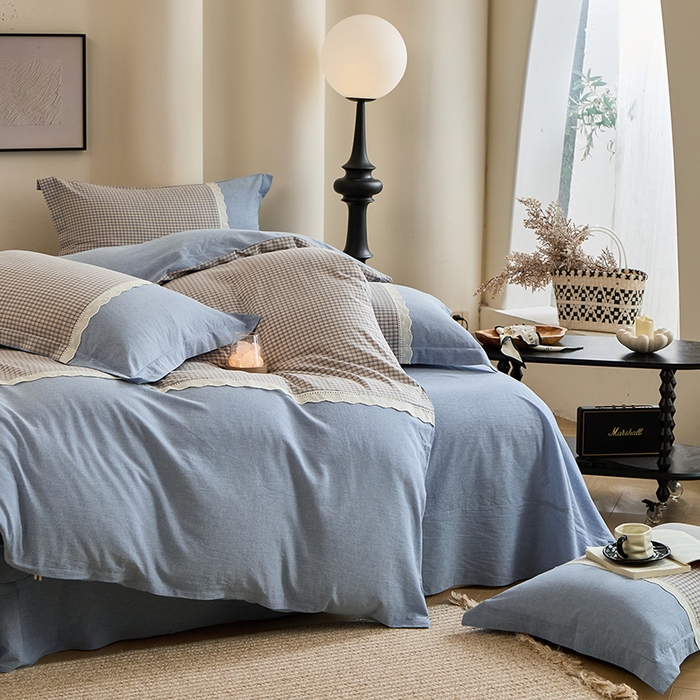 91家纺网 家纺一手货源 找家纺 喜四方 2026新款100%全棉纯棉色织水洗棉花边工艺款四件套-系列一 宁静-兰