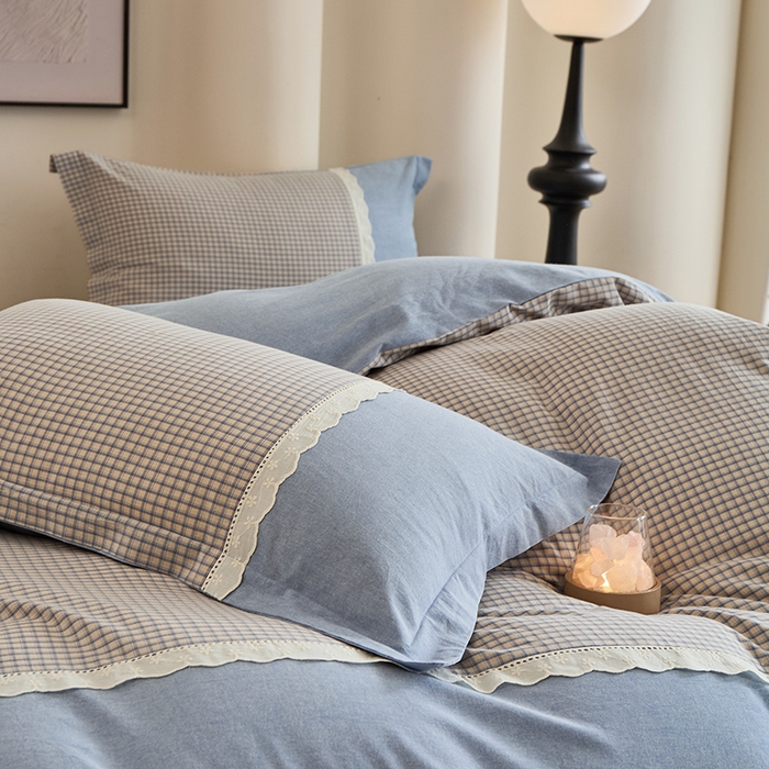 91家纺网 家纺一手货源 找家纺 喜四方 2026新款100%全棉纯棉色织水洗棉花边工艺款四件套-系列一 宁静-兰