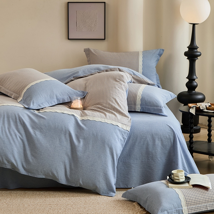 91家纺网 家纺一手货源 找家纺 喜四方 2026新款100%全棉纯棉色织水洗棉花边工艺款四件套-系列一 宁静-兰