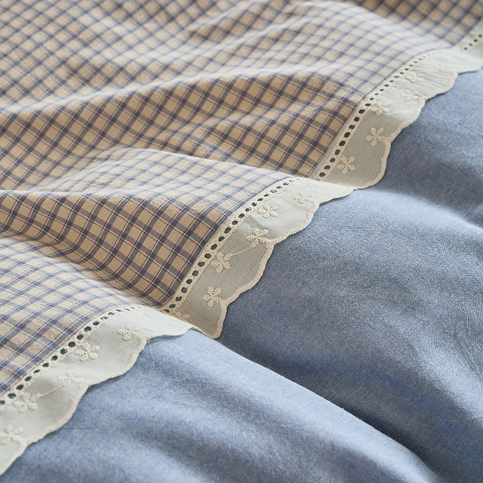 91家纺网 家纺一手货源 找家纺 喜四方 2026新款100%全棉纯棉色织水洗棉花边工艺款四件套-系列一 宁静-兰