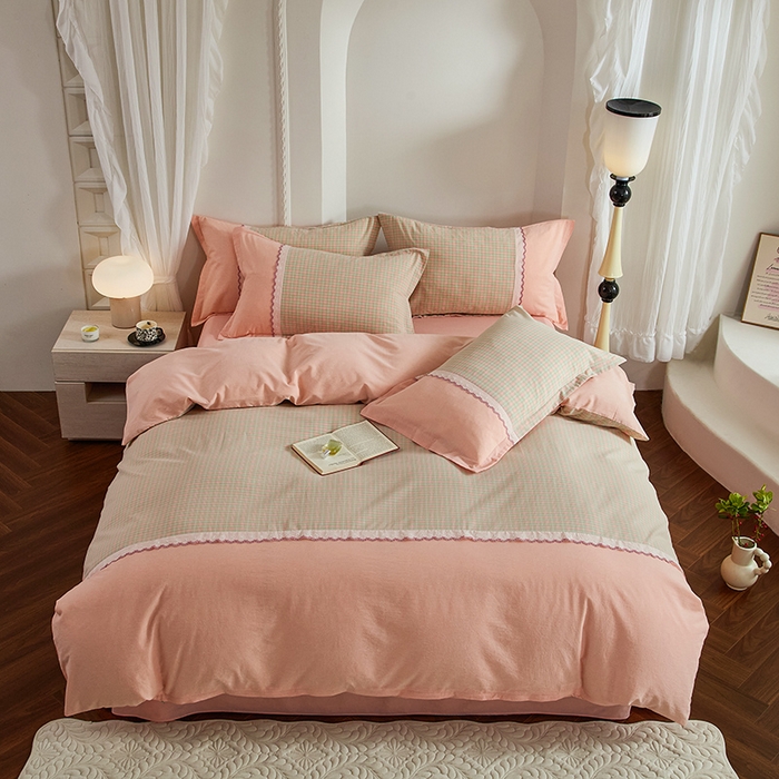 喜四方 2026新款100%全棉纯棉色织水洗棉花边工艺款四件套-系列一 清禾-粉