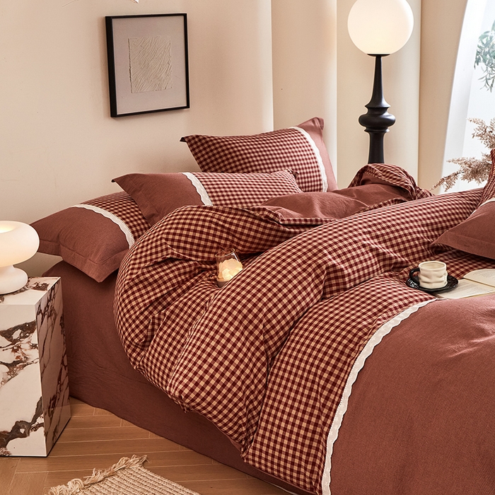 91家纺网 家纺一手货源 找家纺 喜四方 2026新款100%全棉纯棉色织水洗棉花边工艺款四件套-系列一 恬梦