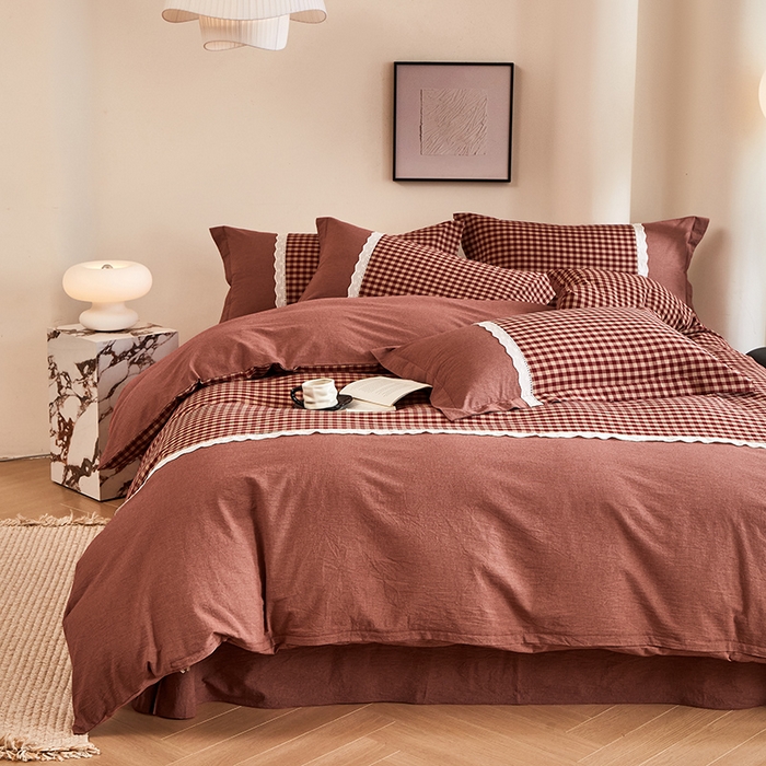 91家纺网 家纺一手货源 找家纺 喜四方 2026新款100%全棉纯棉色织水洗棉花边工艺款四件套-系列一 恬梦