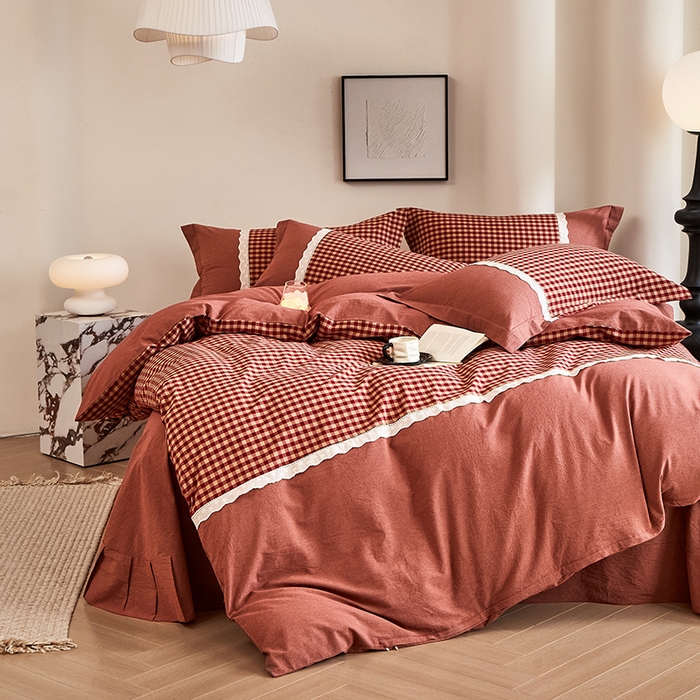 91家纺网 家纺一手货源 找家纺 喜四方 2026新款100%全棉纯棉色织水洗棉花边工艺款四件套-系列一 恬梦