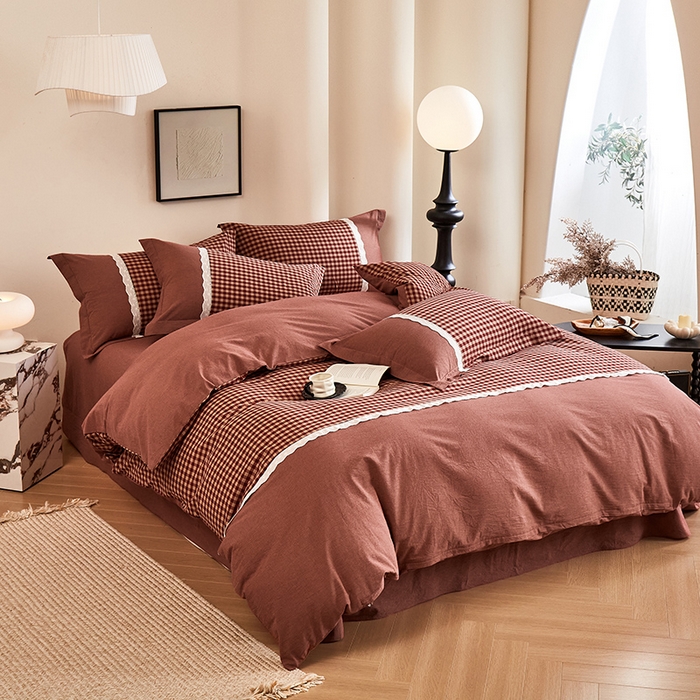 91家纺网 家纺一手货源 找家纺 喜四方 2026新款100%全棉纯棉色织水洗棉花边工艺款四件套-系列一 恬梦