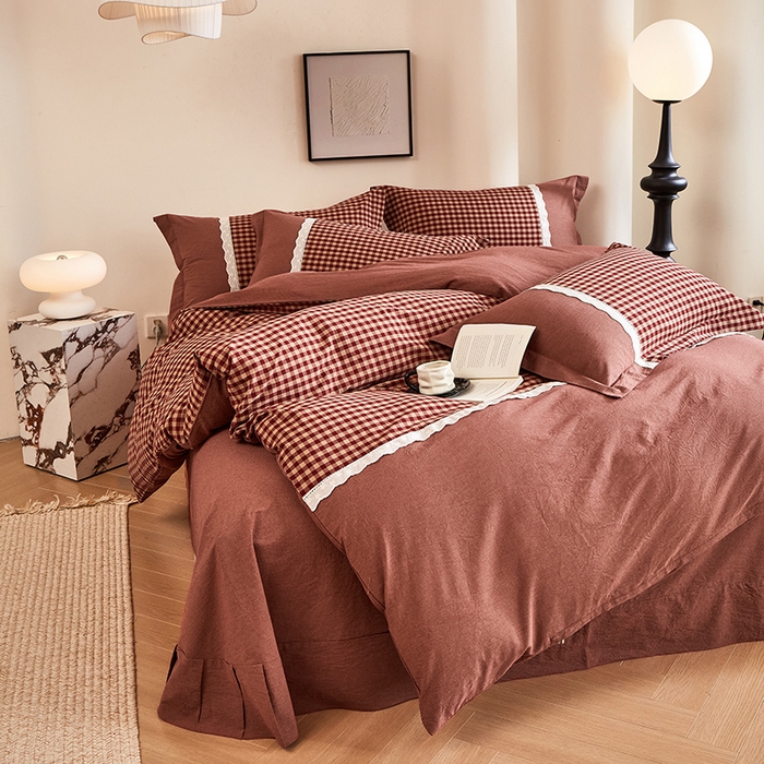 91家纺网 家纺一手货源 找家纺 喜四方 2026新款100%全棉纯棉色织水洗棉花边工艺款四件套-系列一 恬梦