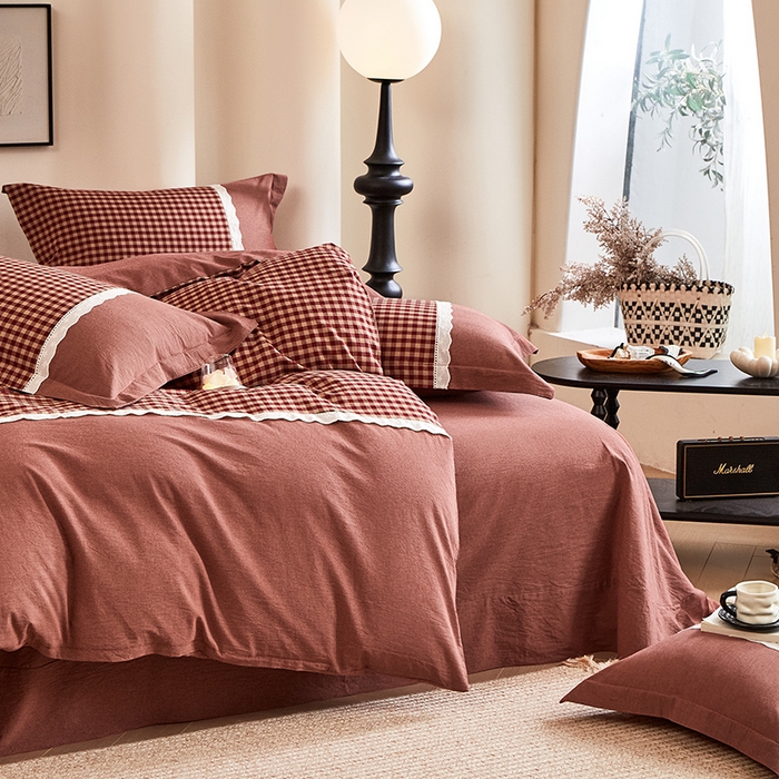 91家纺网 家纺一手货源 找家纺 喜四方 2026新款100%全棉纯棉色织水洗棉花边工艺款四件套-系列一 恬梦