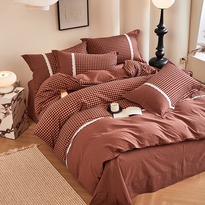 91家纺网 家纺一手货源 找家纺 喜四方 2026新款100%全棉纯棉色织水洗棉花边工艺款四件套-系列一 恬梦