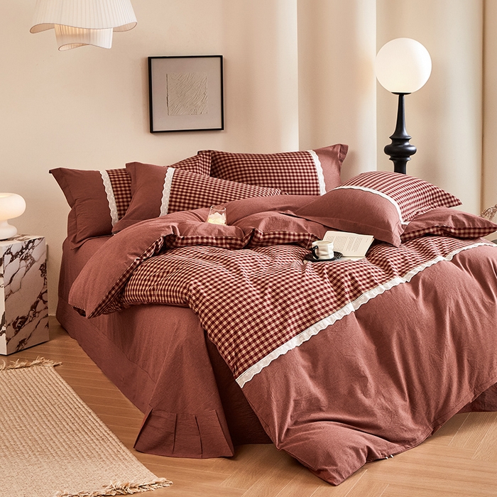 91家纺网 家纺一手货源 找家纺 喜四方 2026新款100%全棉纯棉色织水洗棉花边工艺款四件套-系列一 恬梦