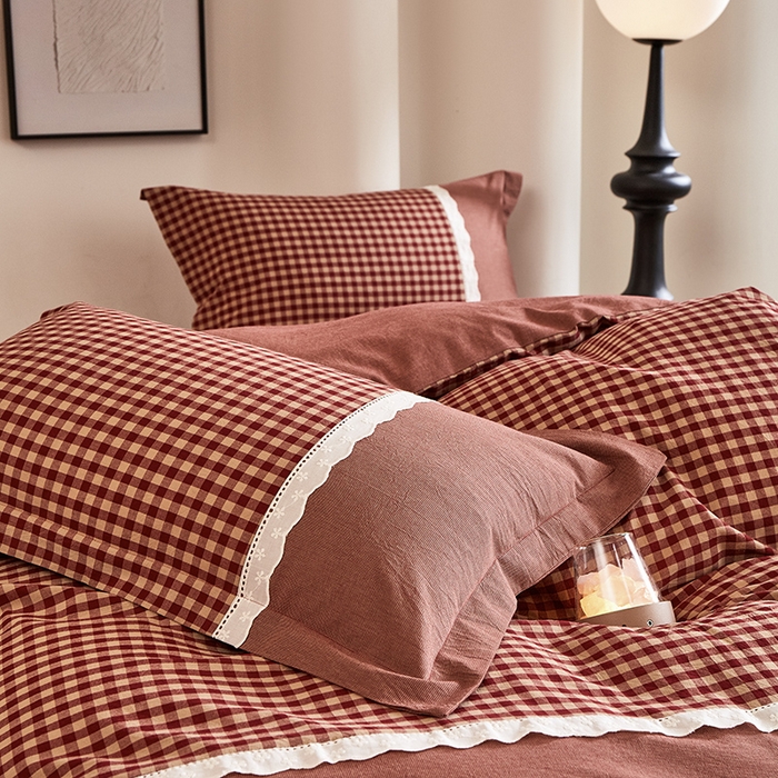 91家纺网 家纺一手货源 找家纺 喜四方 2026新款100%全棉纯棉色织水洗棉花边工艺款四件套-系列一 恬梦