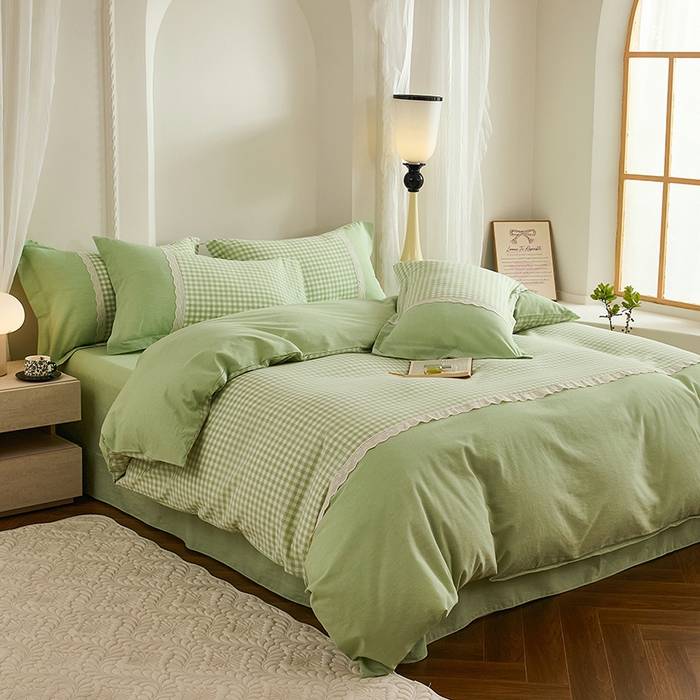 91家纺网 家纺一手货源 找家纺 喜四方 2026新款100%全棉纯棉色织水洗棉花边工艺款四件套-系列一 小欢喜-绿