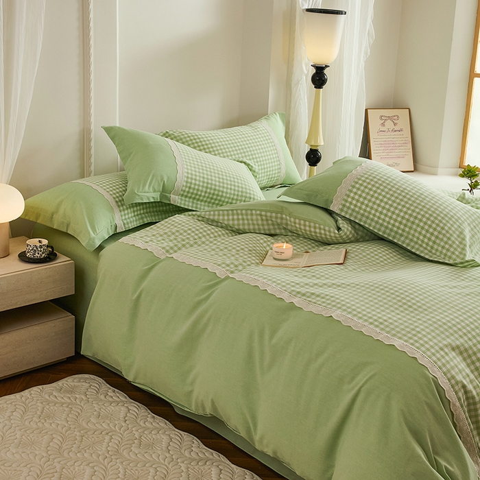 91家纺网 家纺一手货源 找家纺 喜四方 2026新款100%全棉纯棉色织水洗棉花边工艺款四件套-系列一 小欢喜-绿
