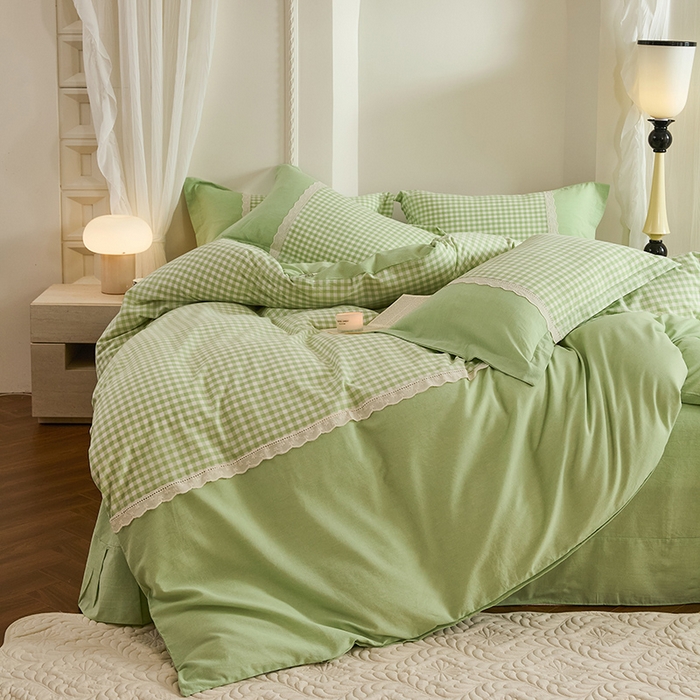 91家纺网 家纺一手货源 找家纺 喜四方 2026新款100%全棉纯棉色织水洗棉花边工艺款四件套-系列一 小欢喜-绿