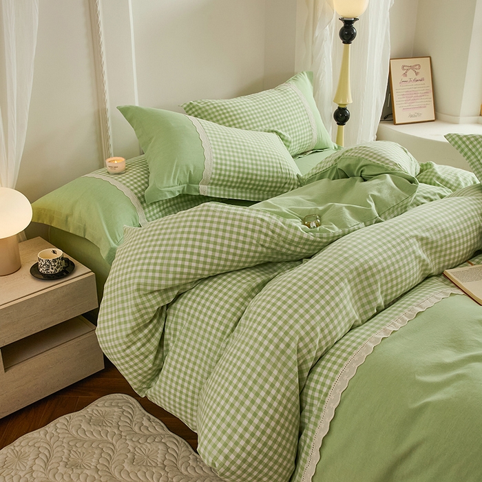 91家纺网 家纺一手货源 找家纺 喜四方 2026新款100%全棉纯棉色织水洗棉花边工艺款四件套-系列一 小欢喜-绿