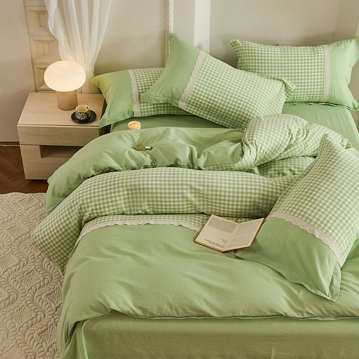 91家纺网 家纺一手货源 找家纺 喜四方 2026新款100%全棉纯棉色织水洗棉花边工艺款四件套-系列一 小欢喜-绿