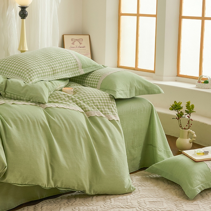 91家纺网 家纺一手货源 找家纺 喜四方 2026新款100%全棉纯棉色织水洗棉花边工艺款四件套-系列一 小欢喜-绿