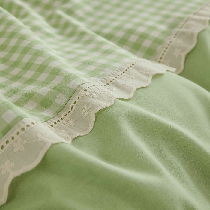 91家纺网 家纺一手货源 找家纺 喜四方 2026新款100%全棉纯棉色织水洗棉花边工艺款四件套-系列一 小欢喜-绿