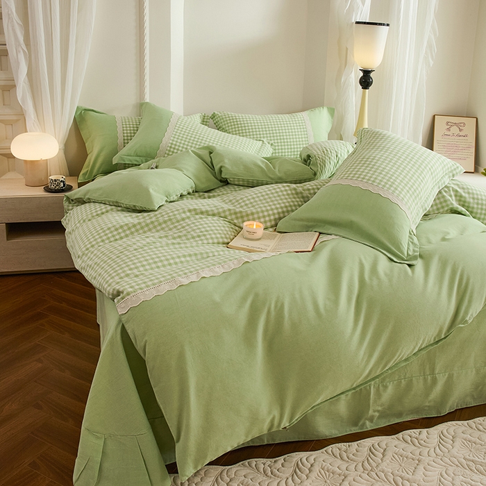 91家纺网 家纺一手货源 找家纺 喜四方 2026新款100%全棉纯棉色织水洗棉花边工艺款四件套-系列一 小欢喜-绿